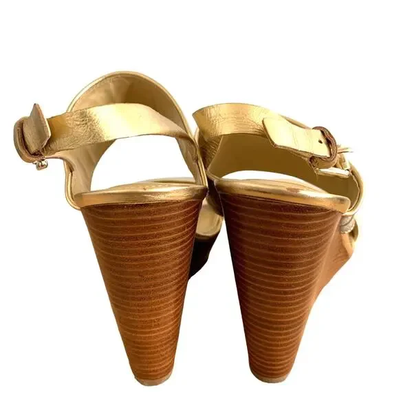 Coach Jezebel Metallic Logo Wood Heel Open Toe Buckle Wedge in Gold Silver 8.5